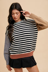 Annie Wear Striped Color Block Sweater - Round Neck Fashion Knitwear